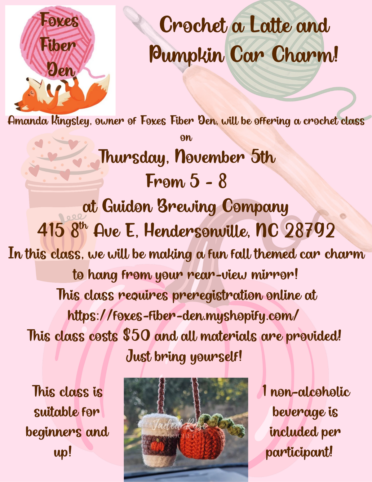 November 5th Latte & Pumpkin Car Charm Crochet Class