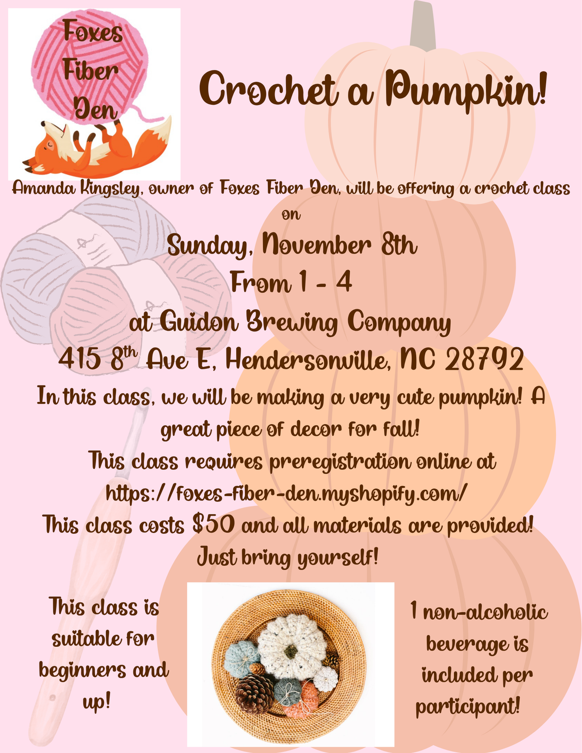 November 8th Crochet a Pumpkin Class